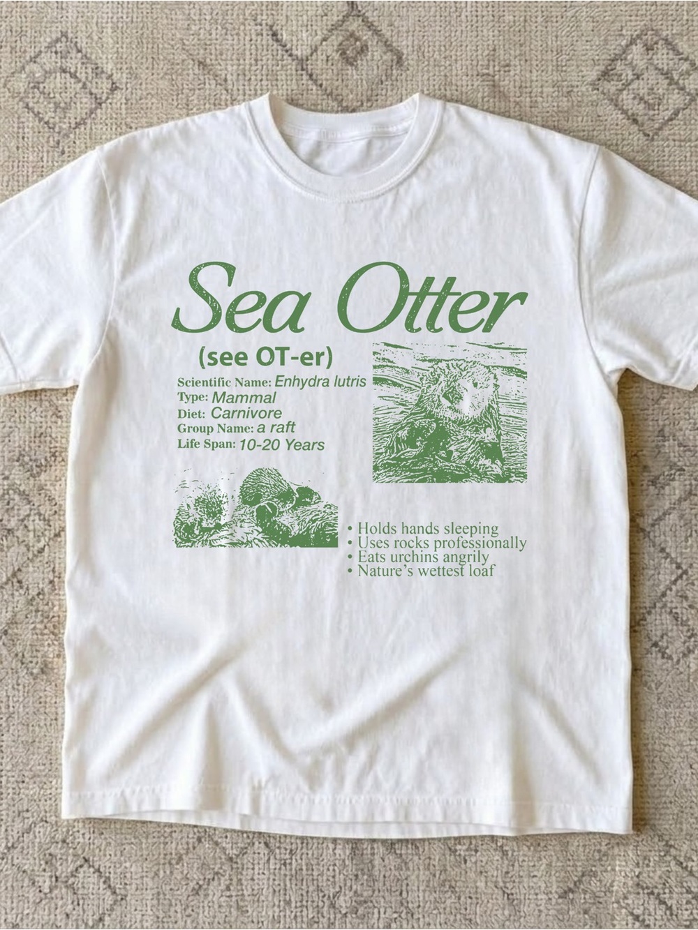 Sea Otter Graphic Tee - White with Green Print - size L